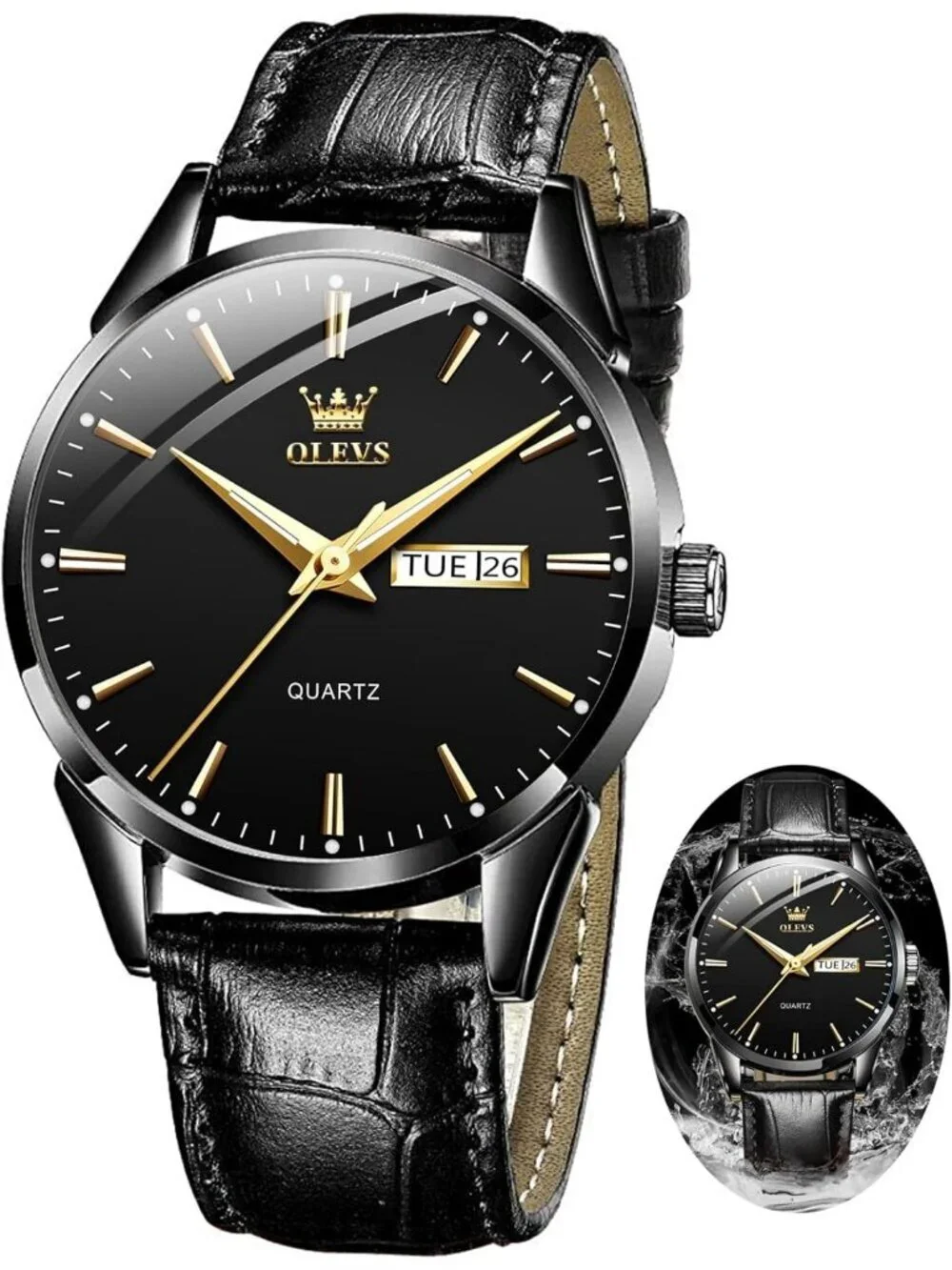 Men's All Black Fashion Quartz Leather Buckle Waterproof Luminous Round Watch
